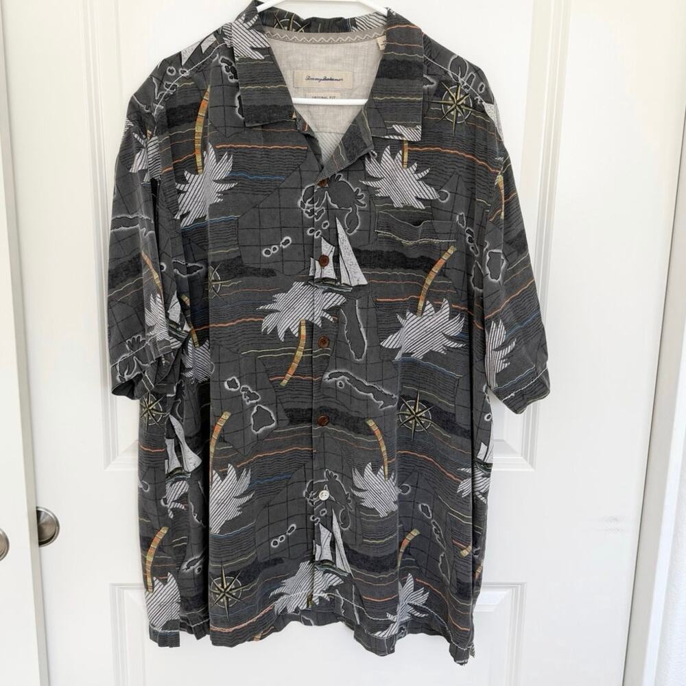 Tommy Bahama Ocean Island Map Casual Silk Button Down Gray XL